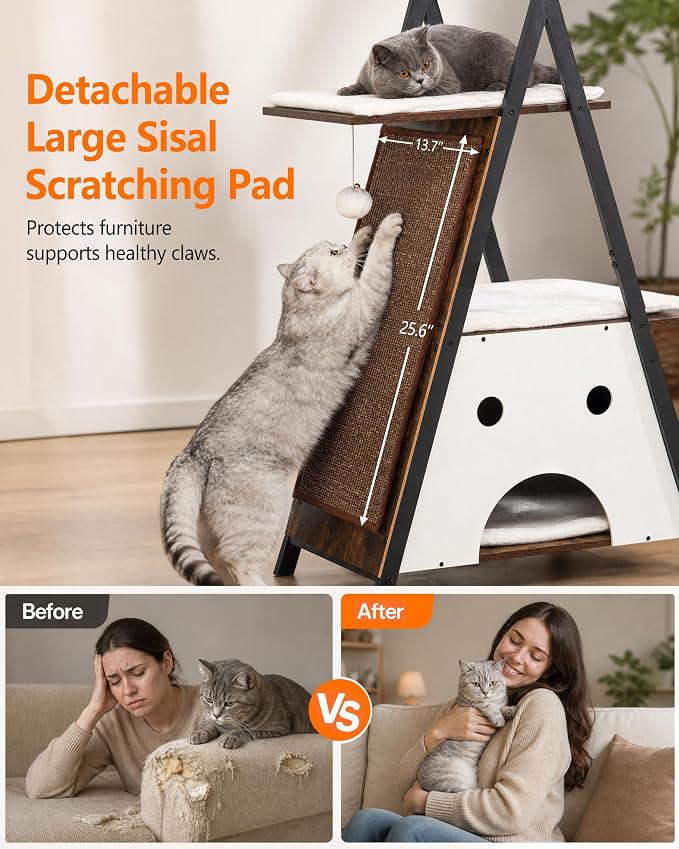 Modern Wood Cat Tree Tower for Indoor Cats Large Adult 67-in Tall | Heavy Duty XL Stable Wooden Cat Condo House Furniture with Multi-Level Spacious Perch Scratching Board Soft Washable Pads