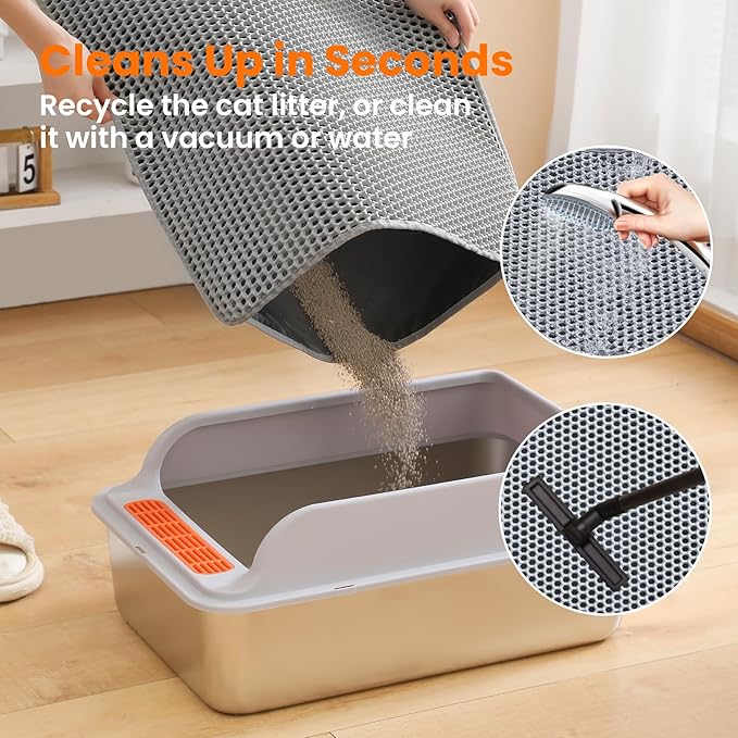 Extra Large Cat Litter Mat XXL, Double Layer Honeycomb, Gray | 46x26”, Reduces Litter Tracking, Easy to Clean, Waterproof, Non-Slip, Soft on Paws, Scratch Resistant, XXL