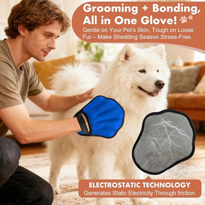 Pet Hair Removal Glove, Electrostatic Pet Hair Remover Glove for Cats & Dogs, Hair Remover Tools for Couch, Carpet, Clothing, Car Seat - Upgraded Five-Finger, Reusable，MediumBlue+Darkgrey
