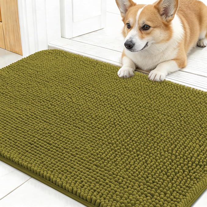 OLANLY Dog Door Mat for Muddy Paws 30x17, Super Absorbent Chenille Mud Mat | Willow Green, Absorbs Moisture and Dirt, Non-Slip Machine Washable Doormat, Quick-Dry Indoor Entryway Floor Carpet for Dogs