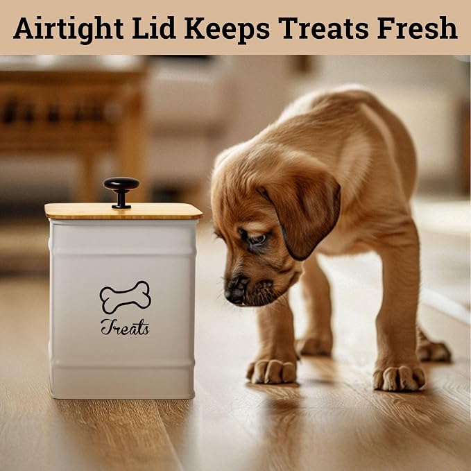 Dog Treat Container with Airtight Bamboo Lid, 5"W x 7"H, 7 Cup Capacity | Fits Most Popular Treats, 7 Cups Capacity, Airtight Bamboo Lid, Easy Open Metal Lid Handle, Dent-Resistant Durable Metal