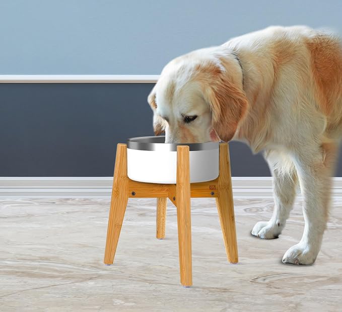 Dog Bowl Stand for Large Dogs - Adjustable, Bamboo | Use to Elevate, Raise Pet Food Water and Slow Feeder Bowls, Expandable with Locking Option, Non-Slip Feet, Stand Only