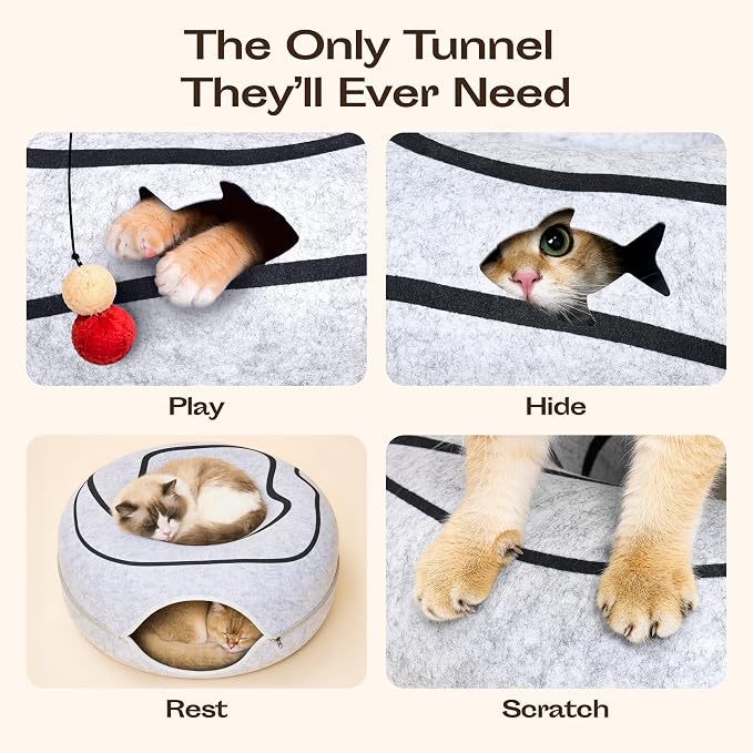 Peekaboo Cat Cave Donut - Cat Tunnel Bed for Indoor Cats – Cute Patterns Hideaway for Multiple & Large Cats, Scratch-Resistant (Light Gray)