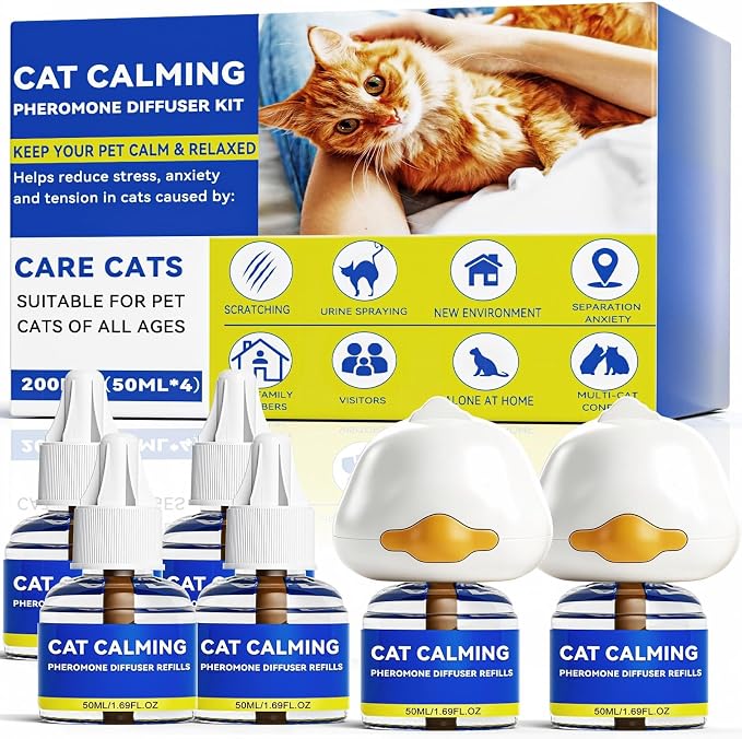 Cat Calming Pheromone Diffuser - 30 Days Relief (2 Plug-Ins & 4 Refills) for Multi-Feline Tension, Cat Calming Diffuser Kit Reduces Hiding, Excessive Meowing & Scratching During Move (50mL Each)