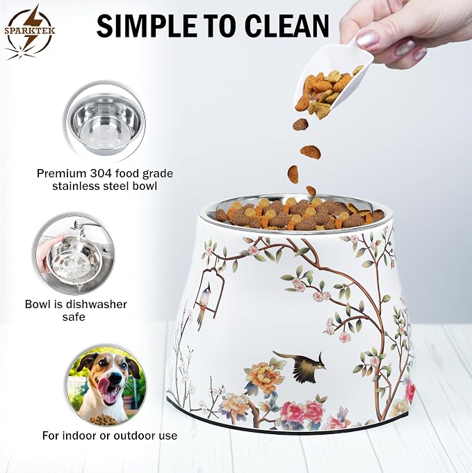 Ceramic Dog Bowl 7 inch Height for (30-55lbs) Medium Size Dogs Includes Food-Grade 304 Stainless Steel Bowls Non-Slip 3.8 Cups(860ml) Bowl Feeder in an Artful and Design (White)