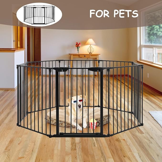 196" Extra Wide Baby Gate Metal Safety Playpen - Fireplace Fence for Toddler/Pet/Dog, Max Length 196", 8-Panel (30" H, Black)