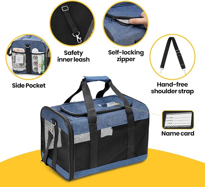 Conlun Cat Carrier Airline Approved, Soft-Sided Dog Carrier with Inner Safety Leash, Pet Transport Carrier for Small-Medium Cats Puppies up to 15 Lbs, Collapsible Travel Kitten Carrier Bag -Blue M