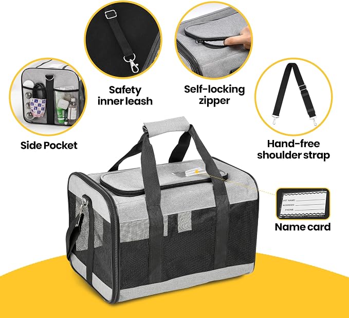 Conlun Dog Carrier Soft Sided, Large Cat Carrier with Inner Safety Leash, Pet Transport Carrier for Large Cats and Medium Dogs up to 20 Lbs, Collapsible Travel Puppy Carrier Bag -Gray L