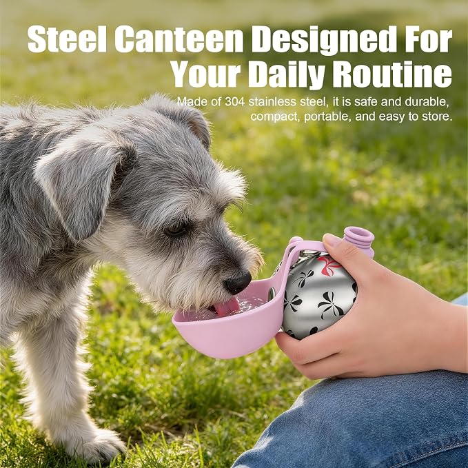 Portable Dog Water Bottle 10oz Stainless Steel Travel Dog Water Dispenser with Bowl No-Spill Puppy Water Bottle for Walking Hiking Small Dog Water Bottle (Pink Bow Print)
