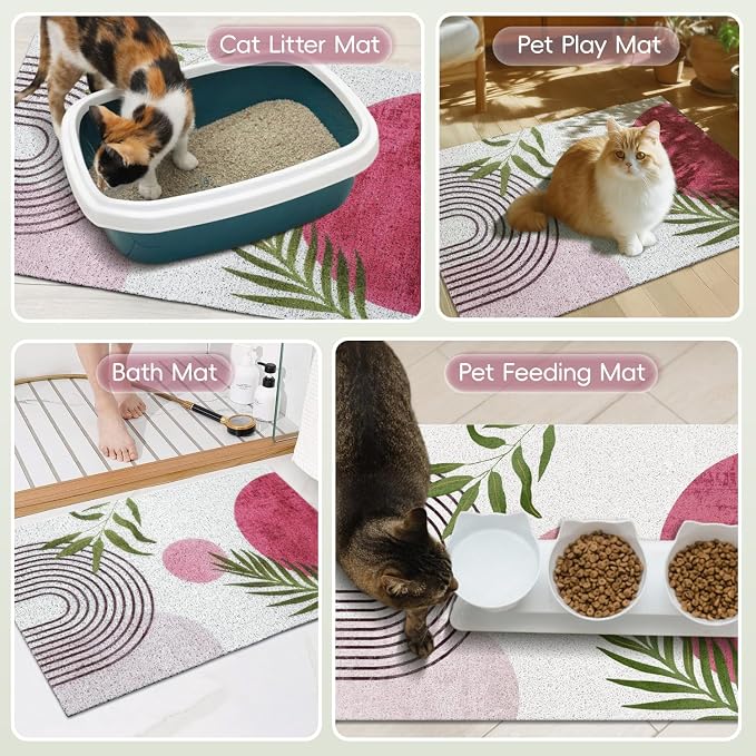 Cat Litter Mat Litter Trapping Mat, 33"x22" Waterproof Urine Proof Litter Box Mat Catcher Mat Non-Slip Washable for Kitty Kitten, Pink