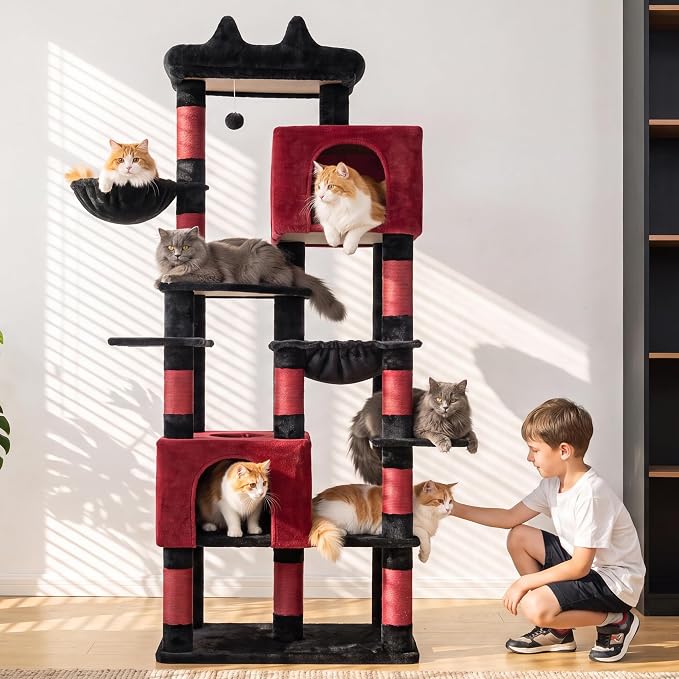 Heybly Cat Tree, 76-Inch Tall Heavy Duty Cat Tower for Big Cats HCT039BR | Multi-Level Large Cat Furniture with Extra Wide Baseboard, 2 Condos & 2 Hammocks, 10 Scratching Posts, Black and Red