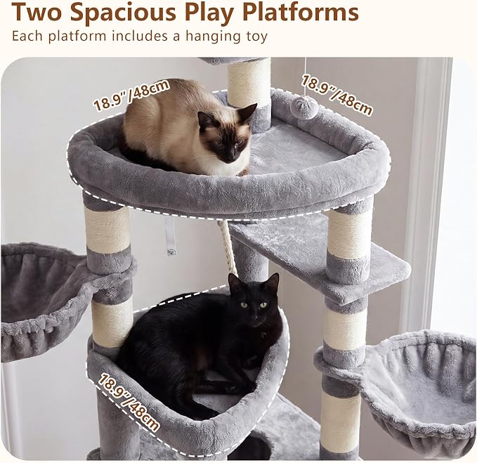 Heybly Cat Tree, 82.7″ Extra Tall Cat Tower for Large Cats Adult HCT063W | Giant Cat Condo with Multi-Level Platforms, 2 Baskets, Spacious Cat Cave, Wide Sisal Scratching Board, Light Gray