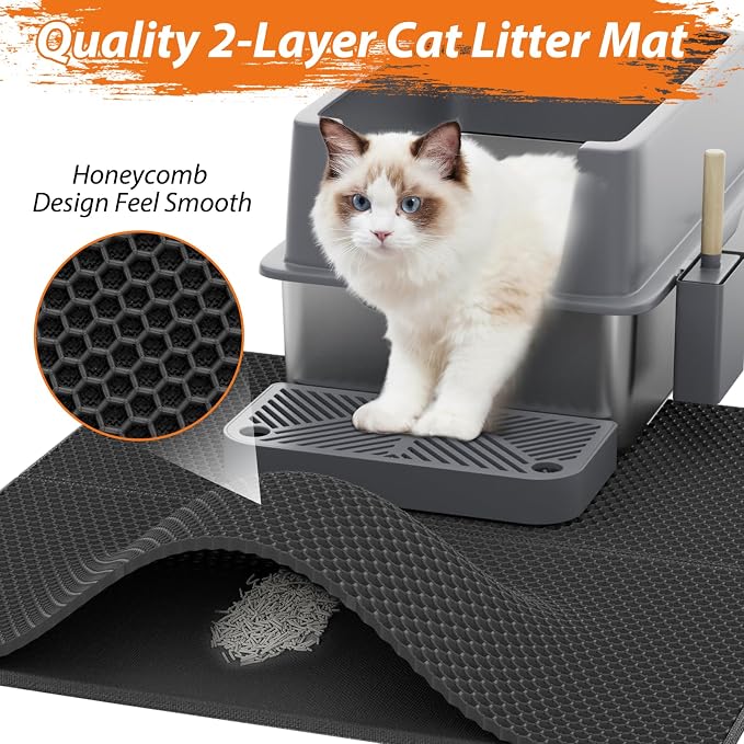 Stainless Steel Litter Box with Lid, XL Metal Cat Litter Box with Removable High Sided Enclosed, Foot Pedal & Scoop & Litter Mat for Big Cats, Anti-Urine Leakage, Non-Stick Bottom, Easy Cleaning