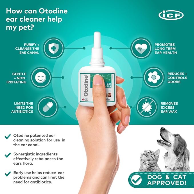 ICF Otodine Dog Ear Cleaner Solution Drops for Itchy Ears, Infections, Head Shaking, Scratching, Wax, Debris & Odor - Tris-EDTA Flush - Gentle & Safe for Cats & Puppies - 100ml
