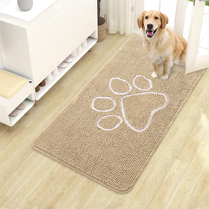 OLANLY Dog Door Mat for Muddy Paws 40x24, Paw Print Design Chenille Mud Mat | Beige, Absorbent, Traps Moisture and Dirt, Non-Slip Washable Doormat, Quick-Drying Indoor Entryway Floor Carpet for Dogs