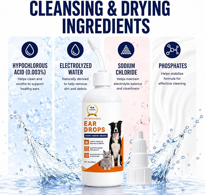 Dog Ear Cleaner Drops & Ear Wipes Kit – Advanced Pet Ear Cleaning Solution with Hypochlorous Acid, Helps Relieve Itchy Ears, Removes Wax & Odor, Gentle for Dogs & Cats