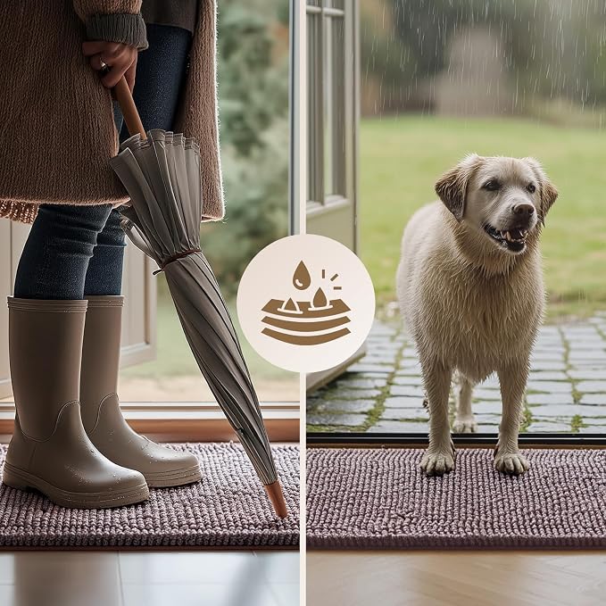 EHEYCIGA Super Absorbent Dog Door Mat for Muddy Paws 24x16 Inch Indoor, Front Doormat Outside Entrance, Quick Dry Chenille Washable Dog Crate Bed, Non-Slip Pet Rug Mud Mat Outdoor Entryway, Brown