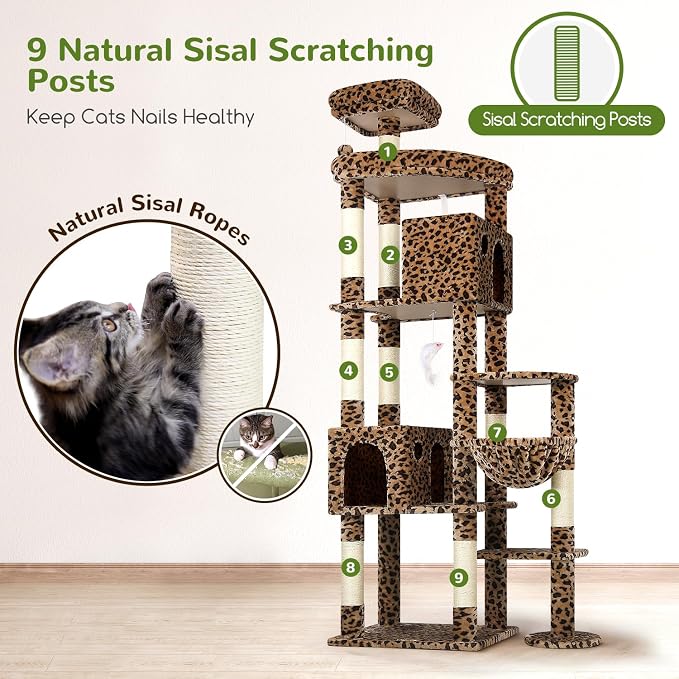 Globlazer Giant Cat Tree for Indoor Large Cats, 83in, F83, Leopard Print | XXL Cat Tower with 9 Scratching Posts for 20lb+ Heavy Duty Large Adult Cats