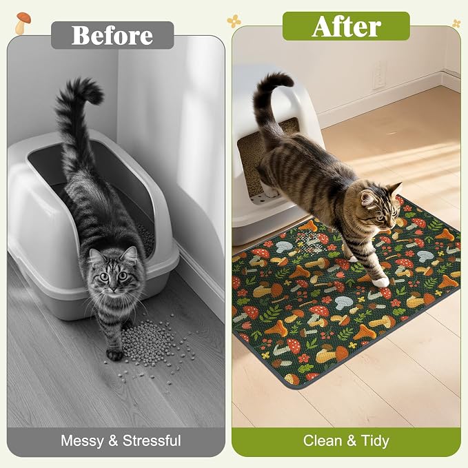 Unicorn Catcher 33X22in 2packCat Litter Mat Machine Washable Soft 3D Air Mesh Litter Box Rug Non-Slip Backing Quick Dry Scatter Control for Paws,Green Mushrooms