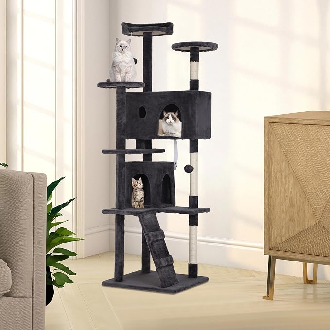 BestPet | 70" Cat Tree Tower | Dark Gray | Sturdy Multi-Level Cat Tree | with Plush Condo, Cozy Perch, Sisal Scratching Posts, Hanging Toy and Hammock | Easy Assembly | for Kittens & Adult Cats