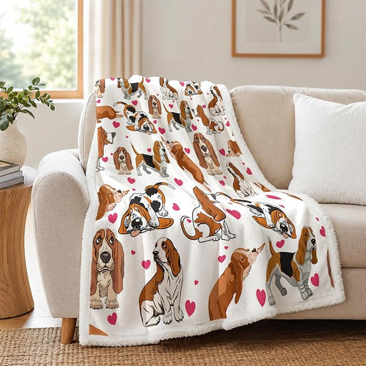 BlessLiving Basset Hound White Throw Blanket with Dense Brown Dog Patterns Sherpa Fleece Blanket Couch Bed, Soft Cozy Warm Pet Blankets for Puppy Lovers Cute Animal Print Gift 60x80 Inches