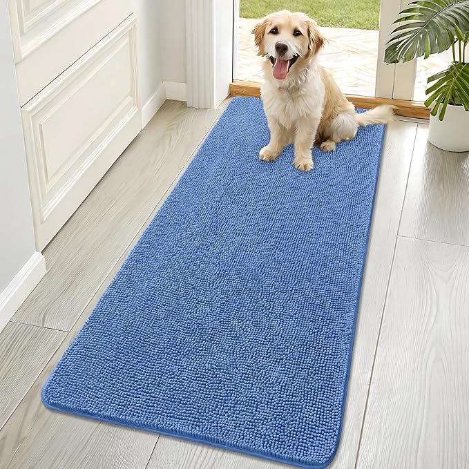 OLANLY Dog Door Mat for Muddy Paws 70x32, Super Absorbent Chenille Mud Mat | Cornflower Blue, Absorbs Moisture and Dirt, Non-Slip Machine Washable Doormat, Quick-Drying Indoor Entryway Carpet for Dogs