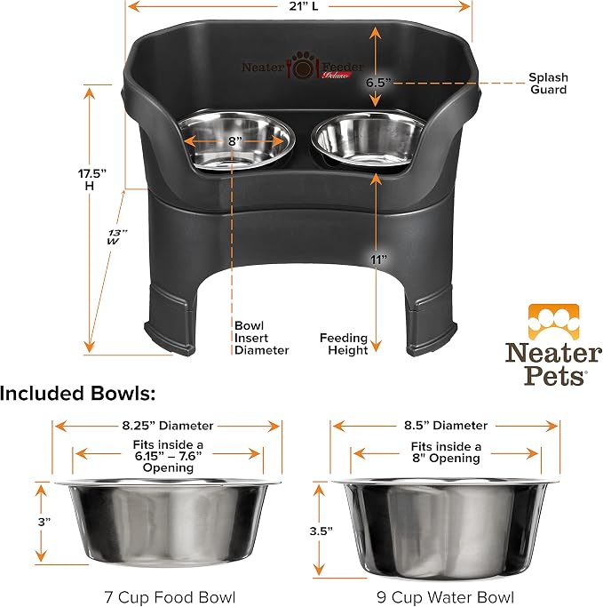 Neater Feeder Deluxe Mess-Proof Elevated Dog Bowls for Large Dogs (40+ lbs), 2 Height Adjustable (14.5” & 17.5”) No-Spill Raised Dog Bowl Stand, Stainless Steel Food Bowl Set, Made in USA, Black