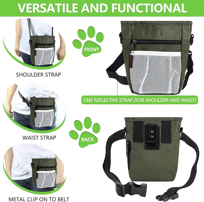 Dog Treat Pouch, Magnetic Closure, Dog Clicker- Green | Dog Training Treat Pouch, Large Size, Nylon Material, Magnetic Closure & Clicker, for Walking, Obedience & Outdoor Use