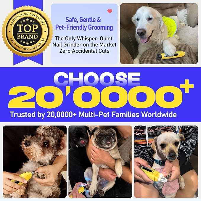 Whisper-Quiet Dog Nail Grinder, 50% More Powerful 6-Speed Pet Nail Trimmer with LED Display & 4 LED Lights, 3 Grinding Bits, No Over-Cutting, Stress-Free Grooming for Dogs, Cats & All Sensitive Pets