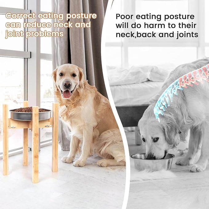 Elevated Dog Bowl Stand Adjustable Dog Food Holder 14”H Large Bamboo | 14” Elevated Dog Bowl Stand, Large Dogs, Adjustable, Fits 8”-11” Bowls, Single Bowl Holder, Natural Bamboo, Classic
