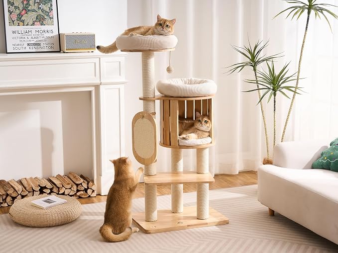 50" Modern Cat Tree for Indoor Cats Small to Medium, Solid Wood Cat Tower with Sisal Scratching Posts, Cat Scratcher Cardboard, Cozy Cat Beds & Hidden Cat Condo, Multi-Level Cat Furniture