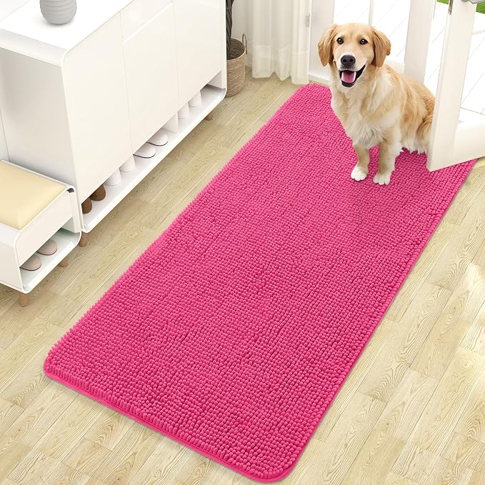 OLANLY Dog Door Mat for Muddy Paws 47x24, Super Absorbent Chenille Mud Mat | Hot Pink, Absorbs Moisture and Dirt, Non-Slip Machine Washable Doormat, Quick-Drying Indoor Entryway Floor Carpet for Dogs