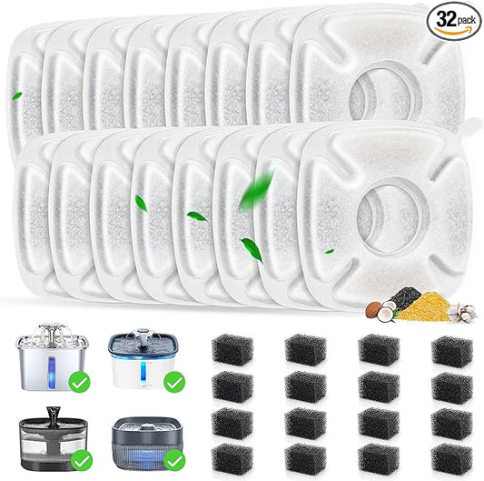 32 Pack Cat Water Fountain Filters, 16 Pcs Replacement Cats Fountain Filters & 16 Pcs Pre-Filter Sponges for 95oz/2.8L 135oz/4L 67oz/2L Automatic Pet Water Fountain Cat Dog Water Dispenser Filter