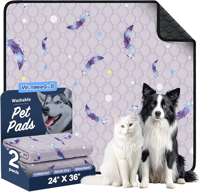 Washable Dog Pee Pads, Non-Slip Waterproof, 24 x 36 in, 2 Pack, Feather | Super absorbent, waterproof and non-slip; washable, reusable dog pads for crates, playpens, floors, furniture and travel