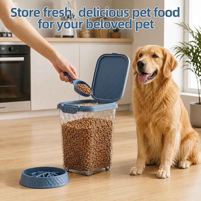 Airtight Dog Food Storage Container, 30 lb | Attachable Wheels, Clear, With Scoop & Slow-Feeding Bowl, Easy to Move Clean Refill, Fit for Dog Cat Bird Food