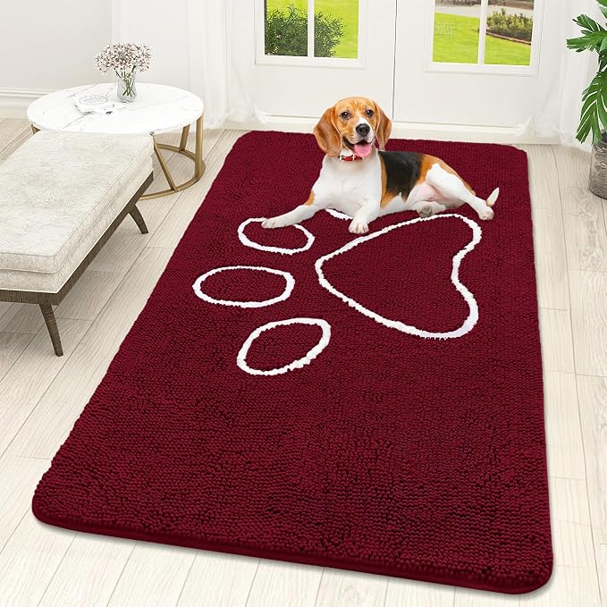 OLANLY Dog Door Mat for Muddy Paws 59x32, Paw Print Design Chenille Mud Mat | Burgundy, Absorbent, Traps Moisture and Dirt, Non-Slip Washable Doormat, Quick-Drying Indoor Entryway Floor Carpet for Dogs