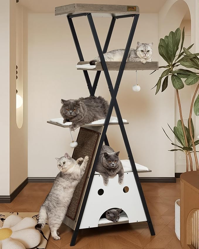 Modern Wood Cat Tree Tower for Indoor Cats Large Adult 67-in Tall | Heavy Duty XL Stable Wooden Cat Condo House Furniture with Multi-Level Spacious Perch Scratching Board Soft Washable Pads