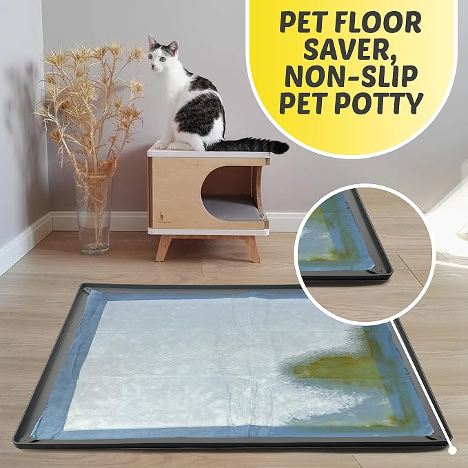 TidyFriend 2 Pk Dog Pee Pad Holder Tray Fits for 30” x 36” Pee Pads with Corner Lock Holes, Raised Edges, Non-Spill, Easy to Clean Silicone Dog Potty Tray Holder, for Indoor Floor Protection (Grey)