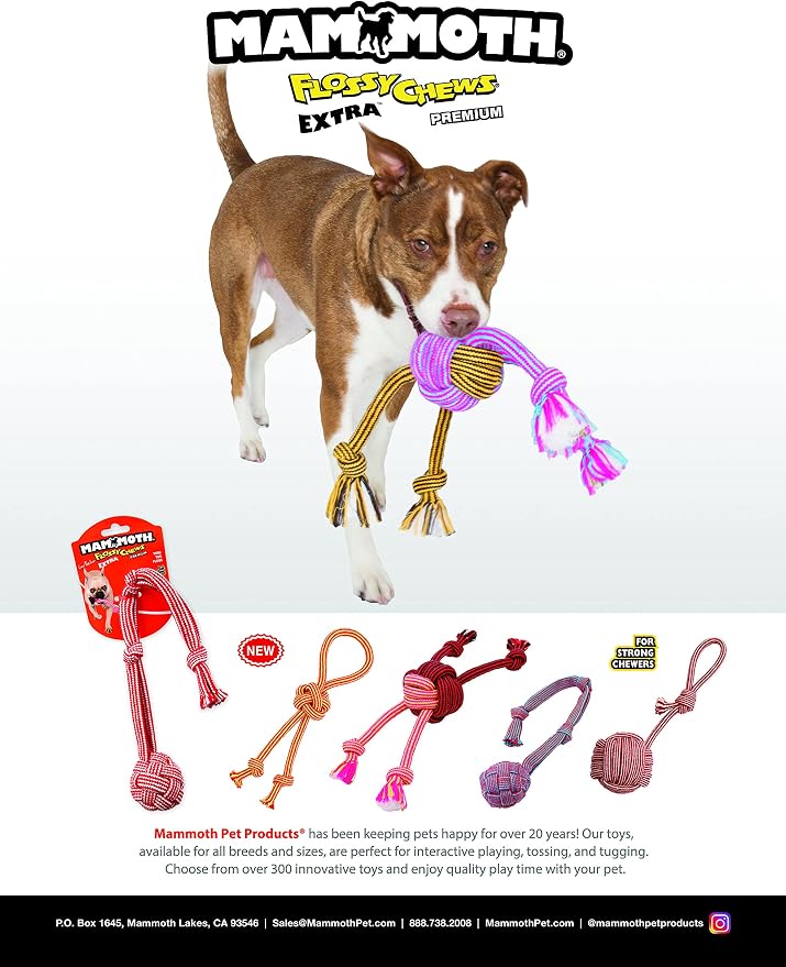 Mammoth Pet Products Flossy Chews Premium Cotton-Poly Extra Monkey Fist Ball with Rope Ends, Medium 14-Inch, Assorted Colors