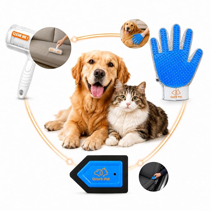 Pet Hair Removal for Home & Car 3-in-1 – Reusable Dog & Cat Removal Kit with Pet Tool, Glove, Mini Detail Cleaning & Furniture Hair Remover for Couch, Upholstery & Car Seats (Blue, Combo 3-in-1)