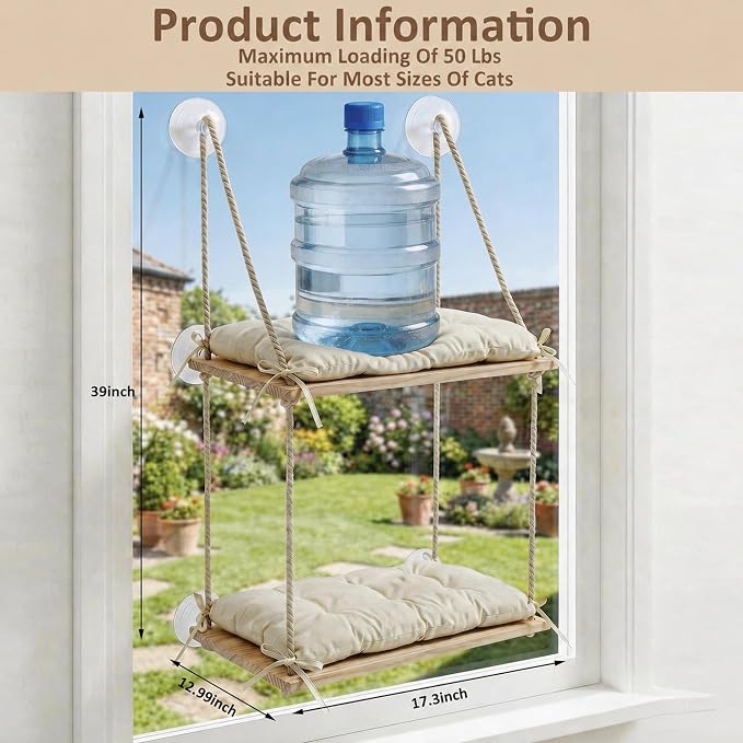 Cat Window Perch Wooden Cat Hammock Double Tier 8 Heavy-Duty Suction Cups | Dual-Tier, 50 LBS, Solid Pine Wood Platform, Washable Cushion, Tool-Free Installation, Space-Saving Comfort