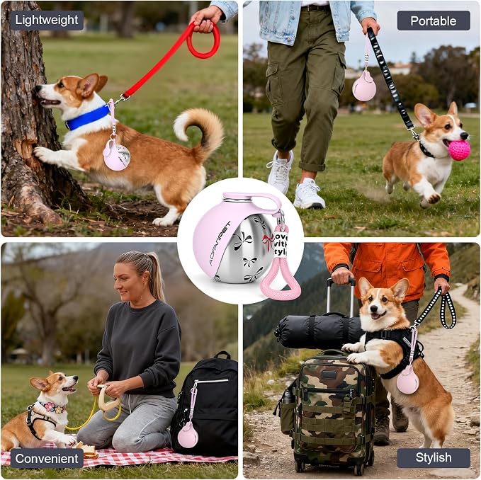 Portable Dog Water Bottle 10oz Stainless Steel Travel Dog Water Dispenser with Bowl No-Spill Puppy Water Bottle for Walking Hiking Small Dog Water Bottle (Pink Bow Print)