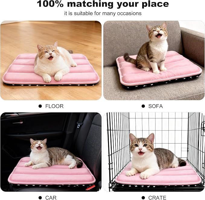 pobopobo Dog Crate Pad, Ultra Soft & Anti-Slip Kennel Mat, Secure Fit for Metal Crates & Dog Cages, Washable Cozy Bed for Extra Small Dogs & Cats (Pink, XS(18"*12"*1.5"))