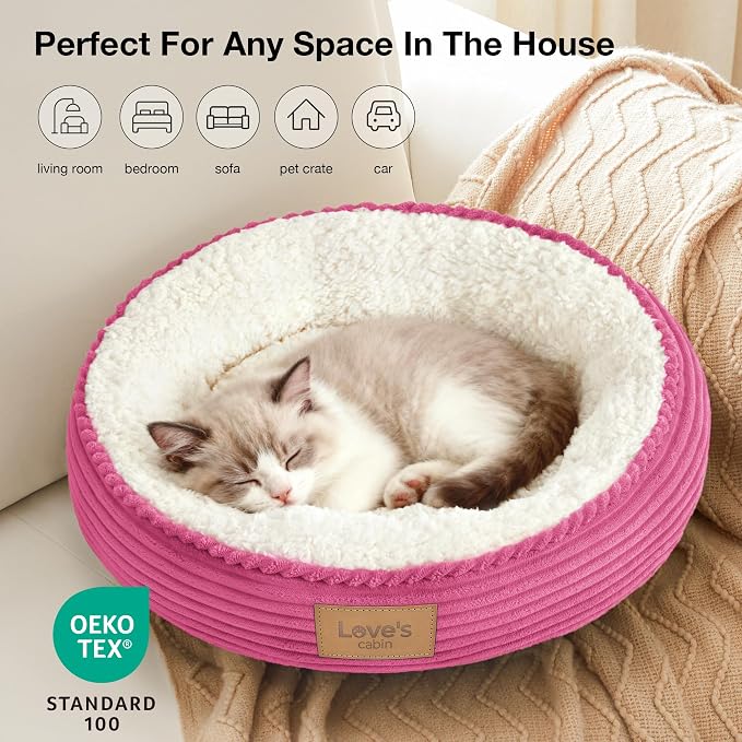 Love's cabin Round Donut Cat and Dog Cushion Bed, 20in Pet Bed for Cats or Small Dogs, Anti-Slip & Water-Resistant Bottom, Super Soft Durable Fabric Pet beds, Washable Luxury Bed Hot Pink