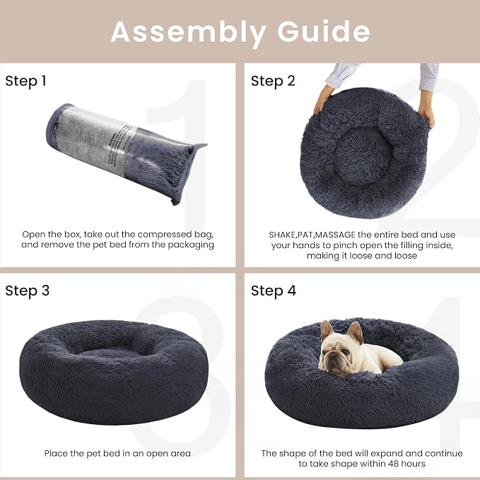 Love's cabin Calming Cat Bed for Indoor Cats, Anti-Anxiety Donut Round Dog Bed, Fluffy Faux Fur Washable Pet Bed for Small Medium Dogs and Cats, Bluish Grey, 20in