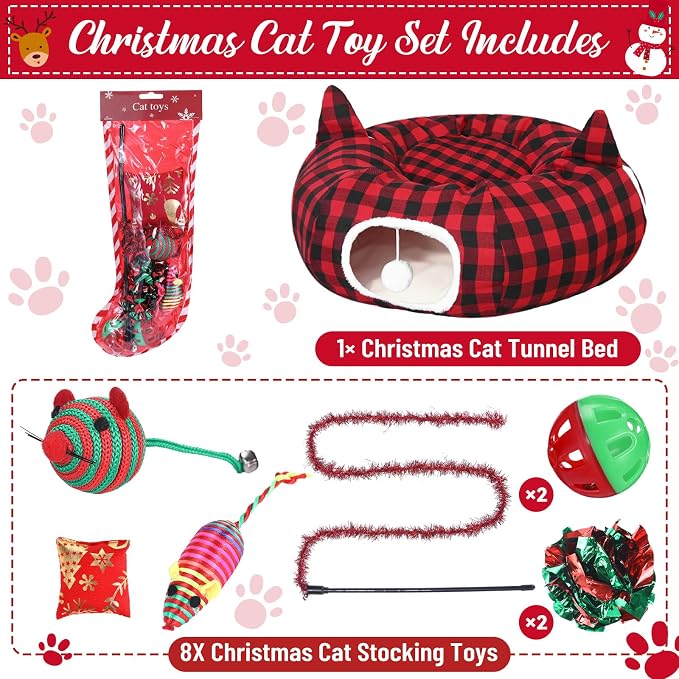Dansydaisy Cat Tunnel Christmas Tree Skirt, Plaid Buffalo Cat Tunnel Bed with Toys, Hanging Pom Ball Plush Washable Cushion and Dangling Balls 3FT Peekaboo Playground for Small Rabbit Xmas Decor