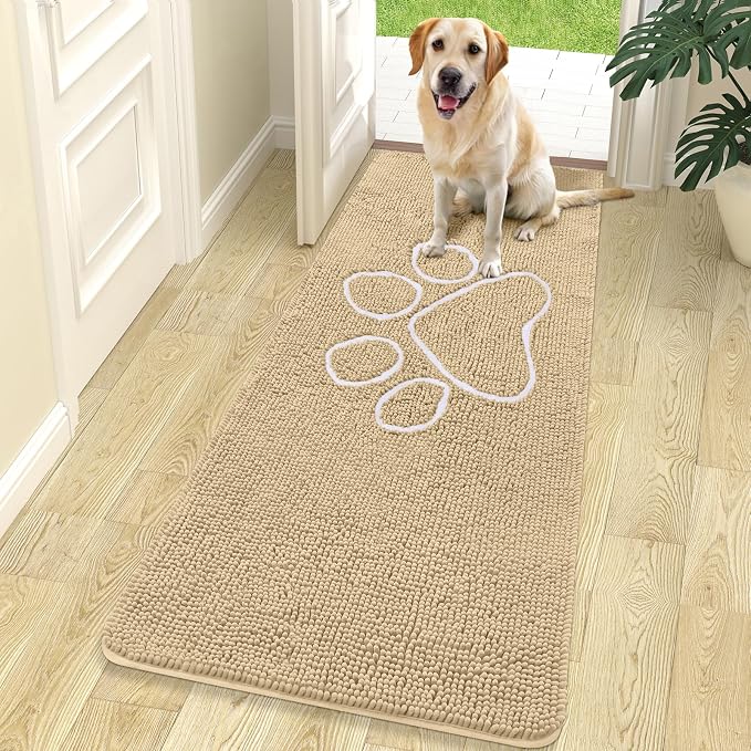 OLANLY Dog Door Mat for Muddy Paws 70x24, Paw Print Design Chenille Mud Mat | Beige, Absorbent, Traps Moisture and Dirt, Non-Slip Washable Doormat, Quick-Drying Indoor Entryway Floor Carpet for Dogs