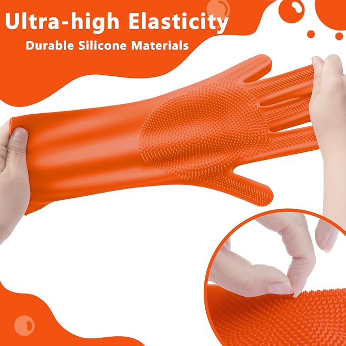 Pet Grooming Gloves—Dog Washing Gloves with High-Density Teeth | Dog Bath Scrubber with Enhanced Five Finger Design, Silicone Gloves for Dogs and Cats Bathing, Massage (Orange)