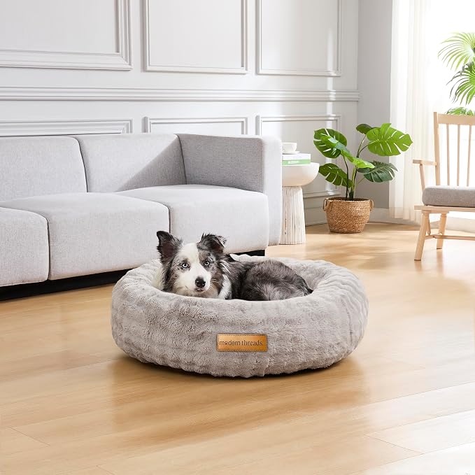 Modern Threads Calming Donut Dog Bed for Medium Dogs, Plush Round Faux Fur Pet Bed with Raised Bolster, Soft Washable Dog Bed, 30x30x9, Gray
