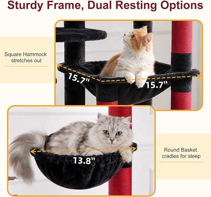 Heybly Cat Tree, 76-Inch Tall Heavy Duty Cat Tower for Big Cats HCT039BR | Multi-Level Large Cat Furniture with Extra Wide Baseboard, 2 Condos & 2 Hammocks, 10 Scratching Posts, Black and Red